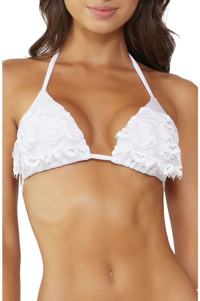 Lace Ruffle Triangle Bikini Top, Main, color, WATER LILY