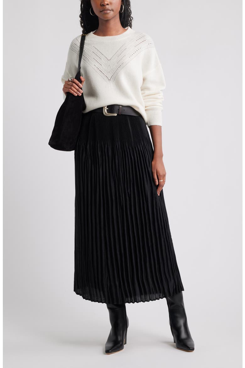 Pleated Satin Midi Skirt, Alternate, color, BLACK