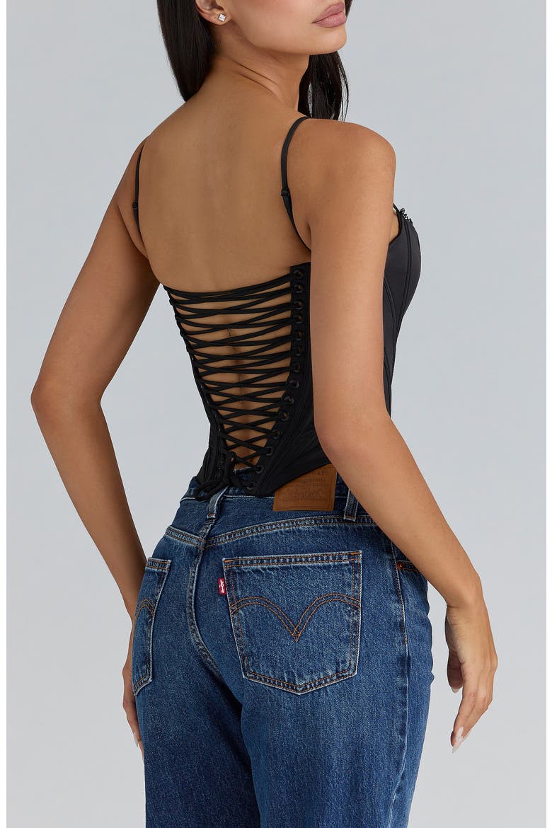 Cadie Satin Corset Top, Alternate, color, BLACK