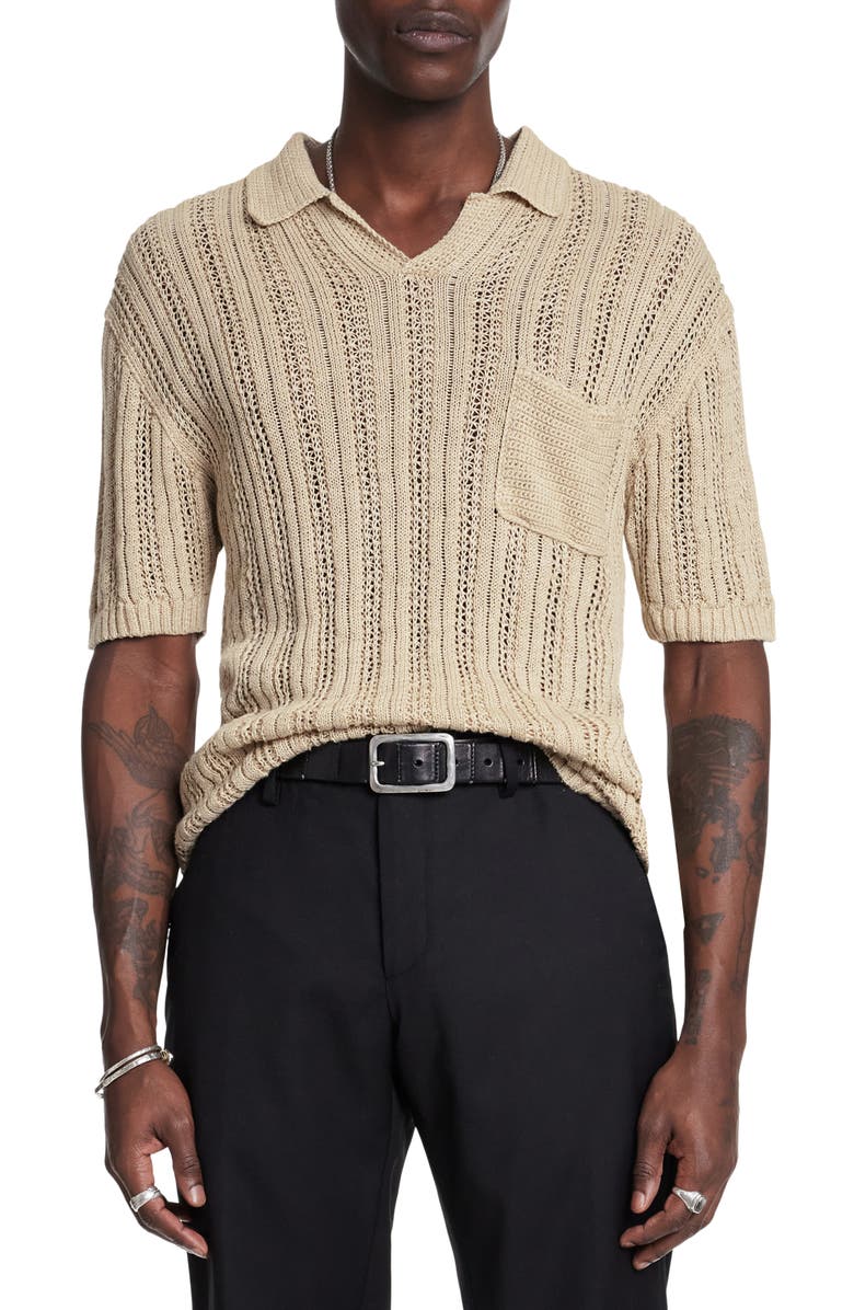 John Varvatos Odin Short Sleeve Textured Linen Johnny Collar Sweater, Main, color, Linen