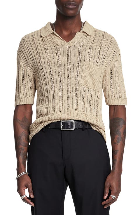 Odin Short Sleeve Textured Linen Johnny Collar Sweater