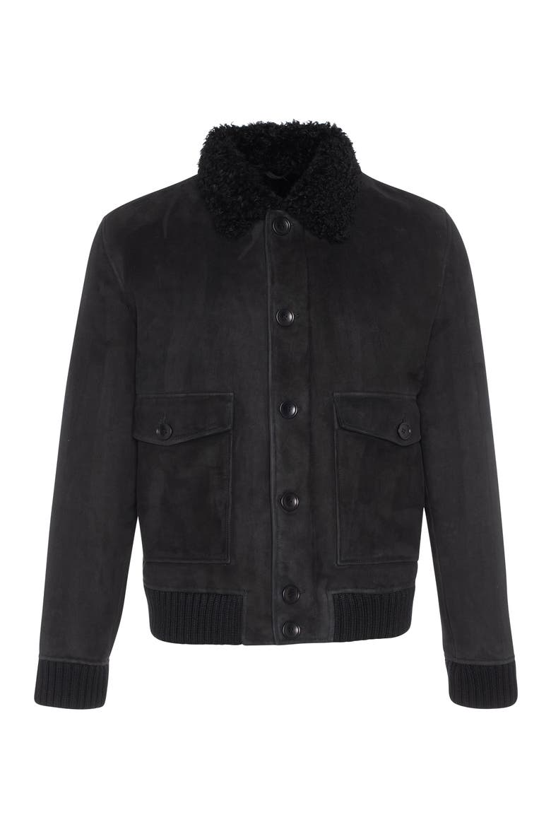 Men's Genuine Shearling Bomber Jacket, Suede Finish, Alternate, color, Black