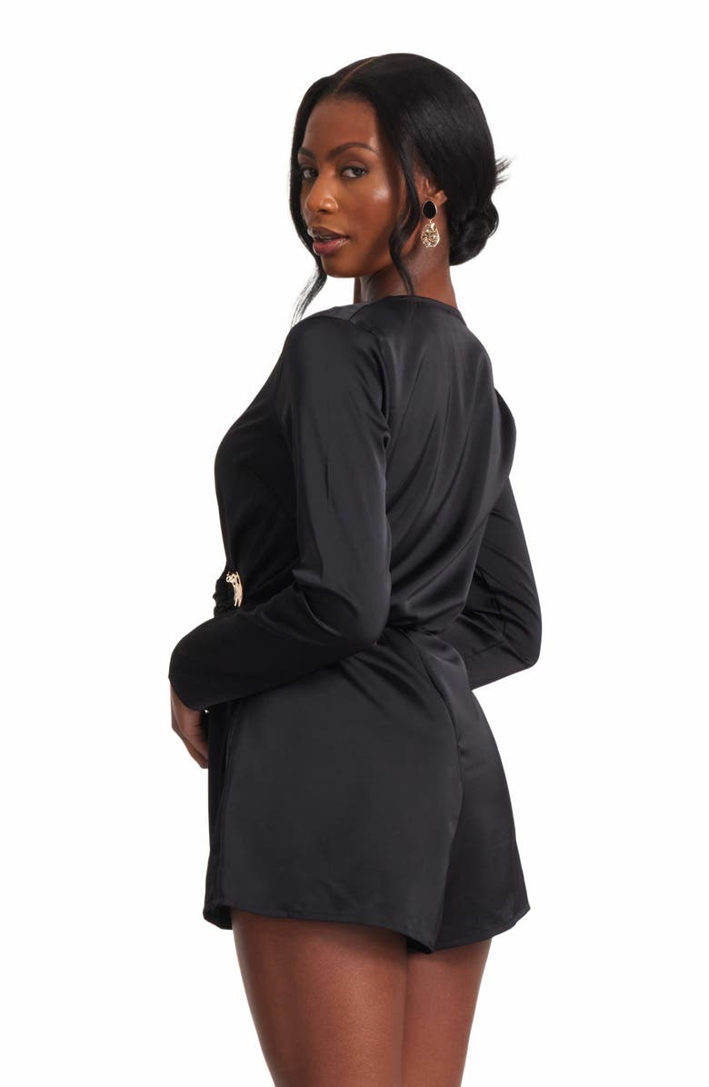 QUIZ Satin Wrap Buckle Romper, Alternate, color, Black