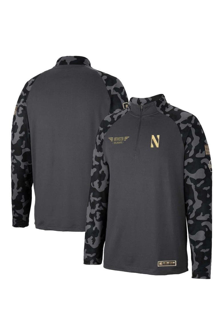 Men's Colosseum Charcoal Northwestern Wildcats OHT Military Appreciation Long Range Raglan Quarter-Zip Jacket, Main, color, Charcoal