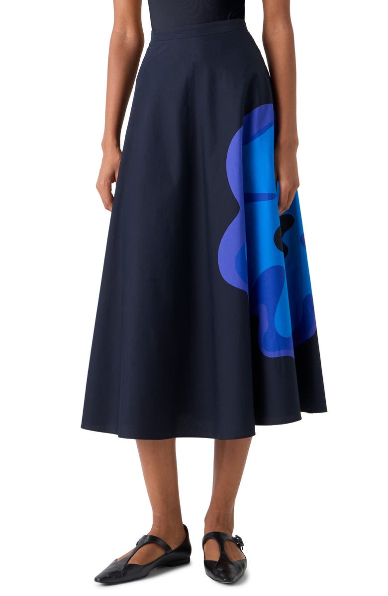 Akris punto Floral Print Cotton Poplin A-Line Midi Skirt, Main, color, Black-Multicolor