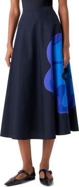 Akris punto Floral Print Cotton Poplin A-Line Midi Skirt