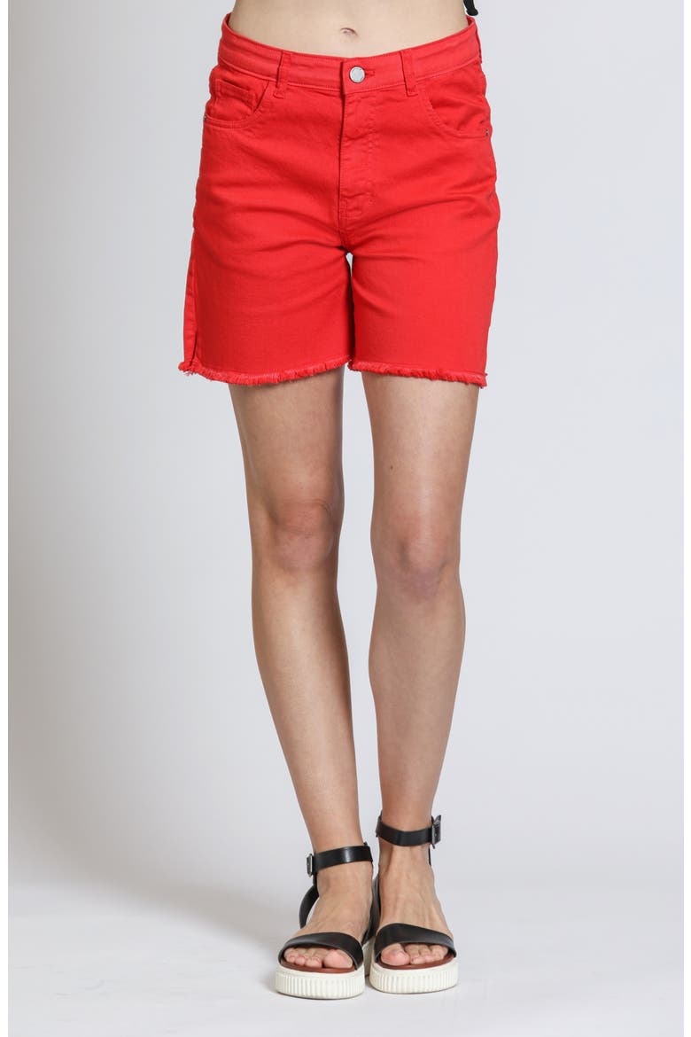 Fray Hem Cutoff Denim Shorts, Main, color, ROCCO RED