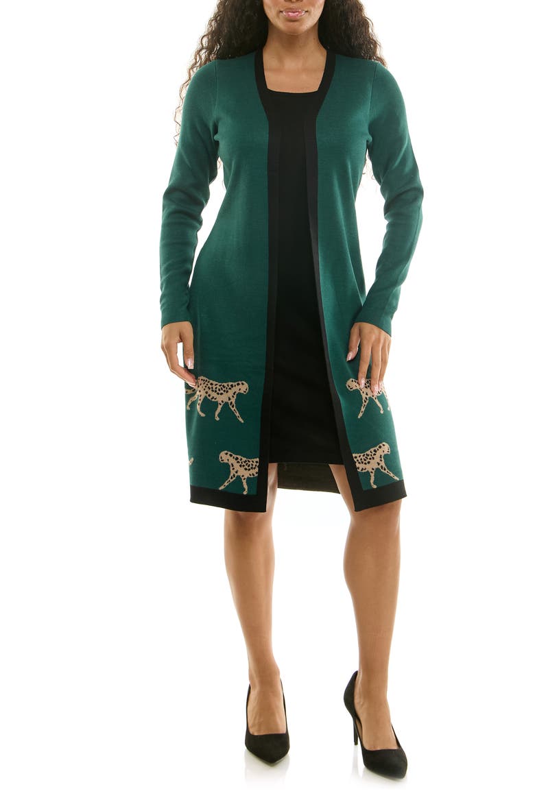 Long Sleeve Twofer Dress, Main, color, DEEP GREEN/ BLACK MULTI