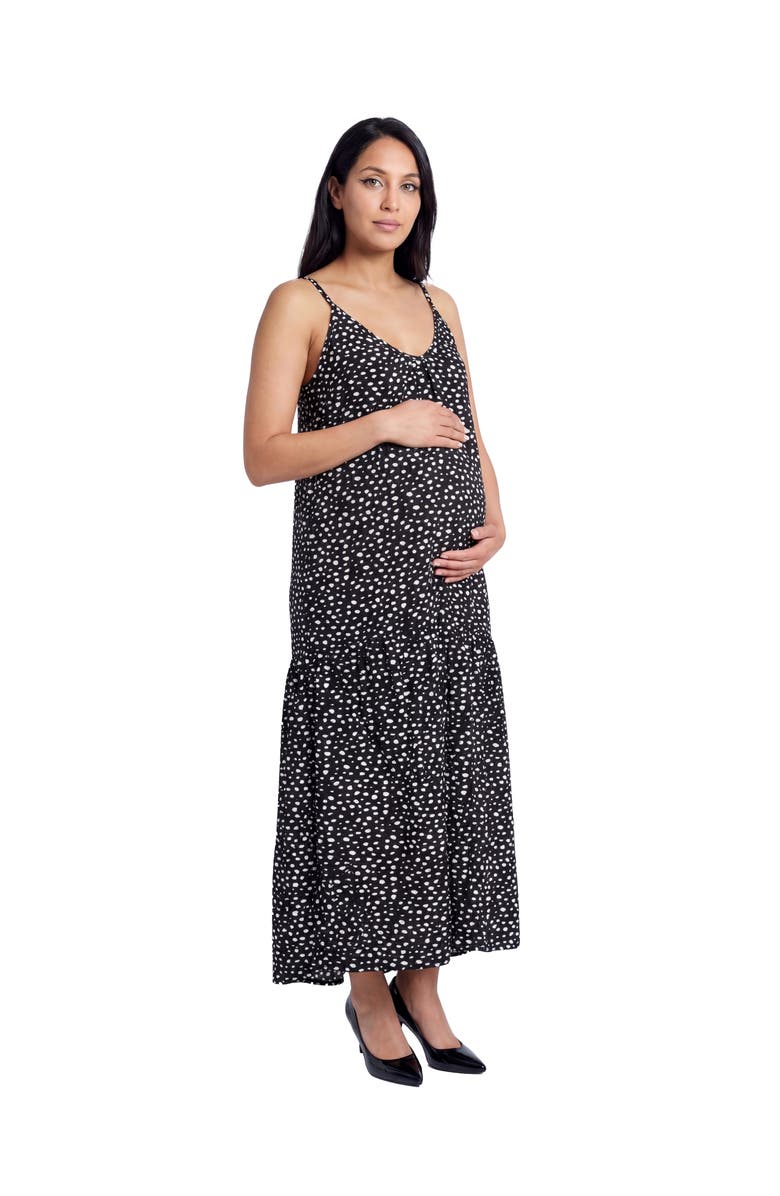 24seven Comfort Apparel Maternity Essential Dots Print Scoop Neck Spaghetti Strap Pocket A-Line Maxi Dress, Alternate, color, Black Multi