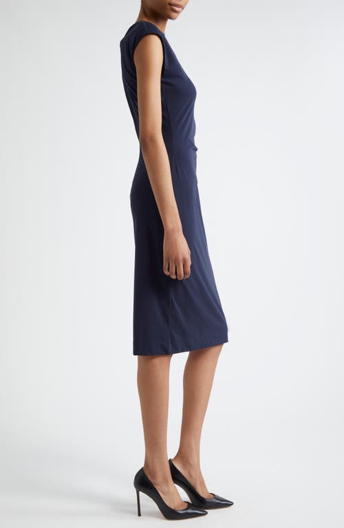 Emporio Armani Ruched Sheath Dress In Solid Blue Navy