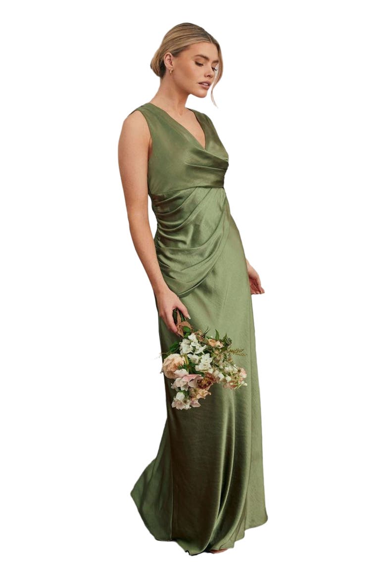 Plunge Drape Satin Bridesmaid Dress, Main, color, Moss Green