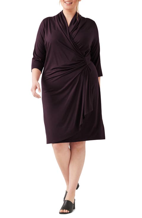 Three Quarter Sleeve Jersey Cascade Faux Wrap Dress (Plus Size)