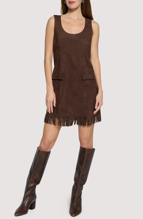 Modern Muse Fringe Hem Faux Suede Shift Minidress