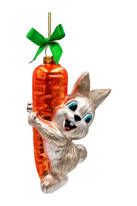 Playful Bunny Climbing Carrot Glass Ornament