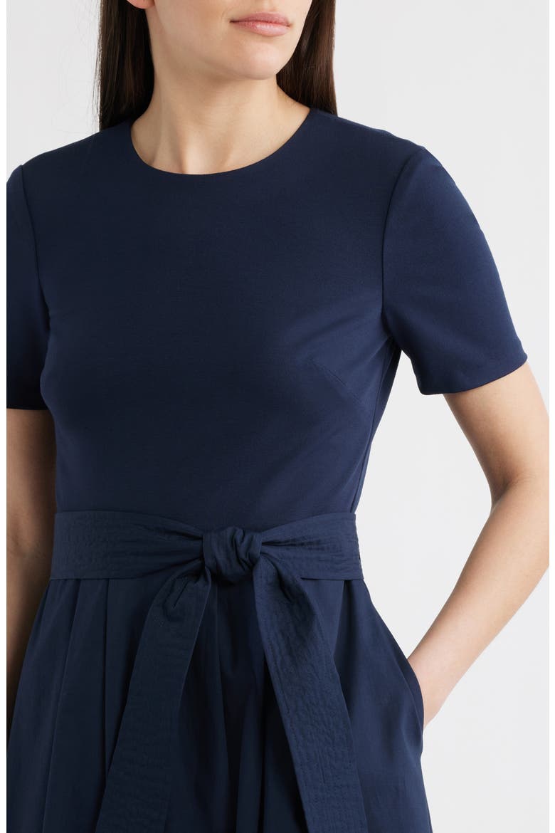 Jewel Neck Tie Waist Midi Dress, Alternate, color, NAVY