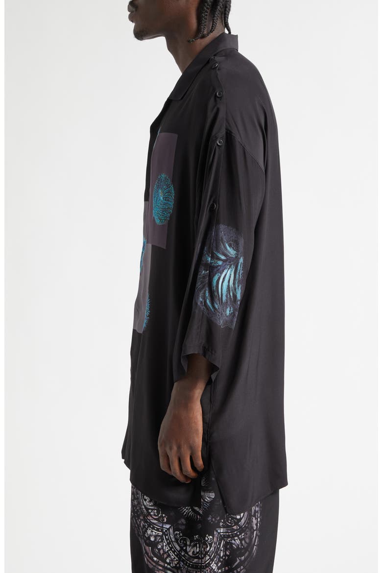 Button Shoulder Sea Creature Graphic Silk Button-Up Shirt, Alternate, color, BLACK
