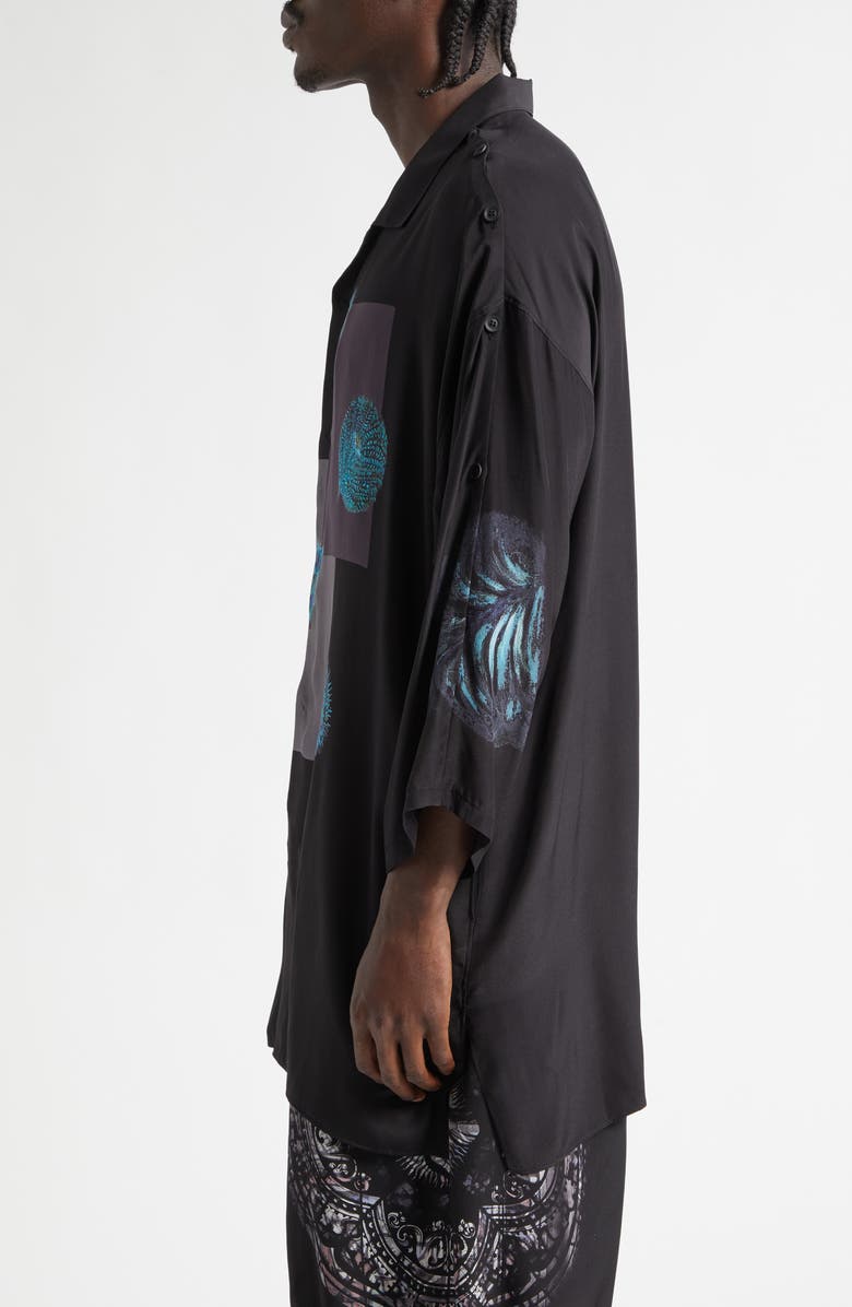 Yohji Yamamoto Button Shoulder Sea Creature Graphic Silk Button-Up Shirt, Alternate, color, Black