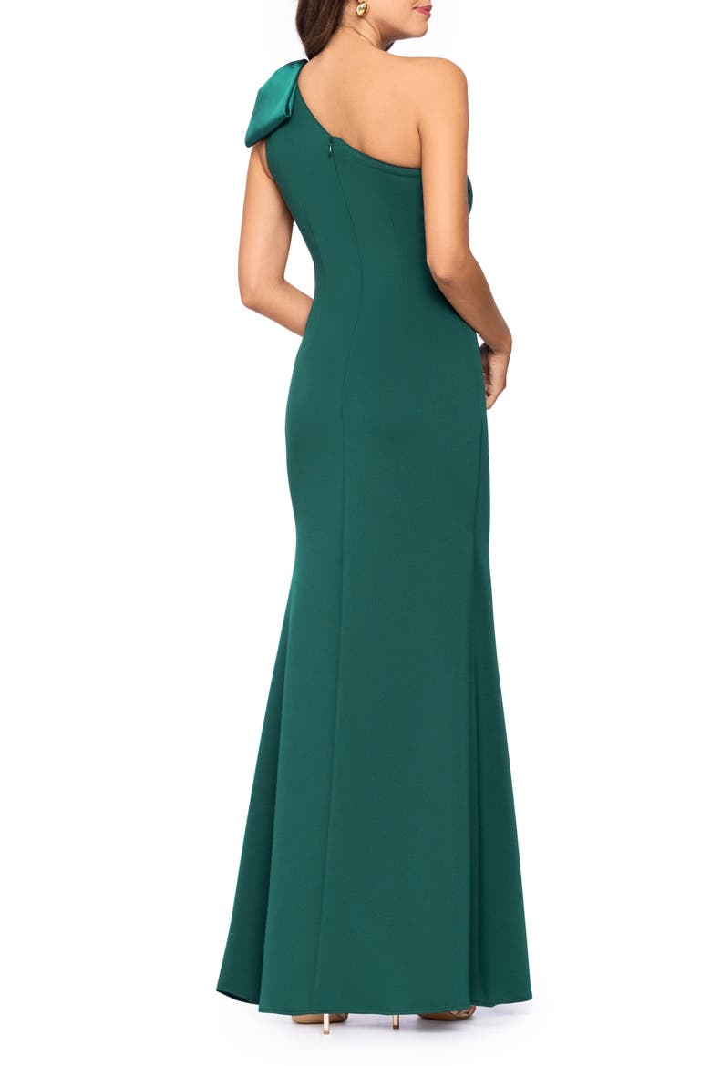 Satin Bow Detail One-Shoulder Scuba Crepe Sheath Gown, Alternate, color, HUNTER