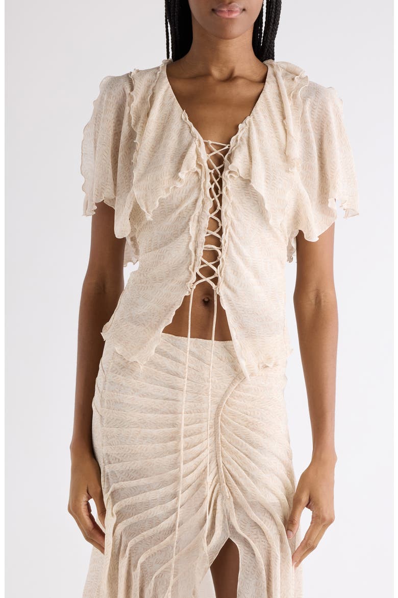 Thanais Print Silk Lace-Up Top, Main, color, ECRU