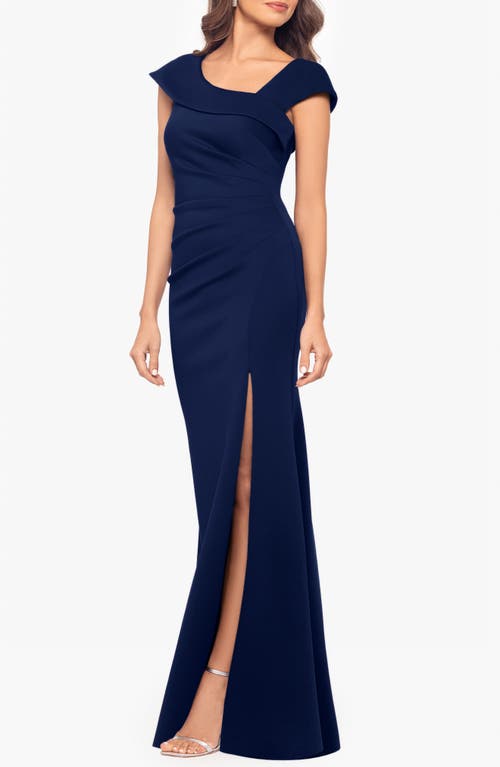 Xscape Evenings Asymmetric Neck Scuba Trumpet Gown In Midnight