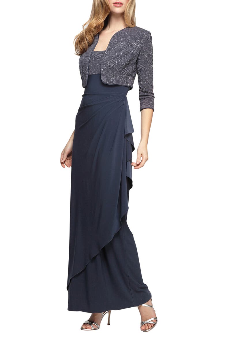 Draped Column Gown with Bolero Jacket, Main, color, SMOKE