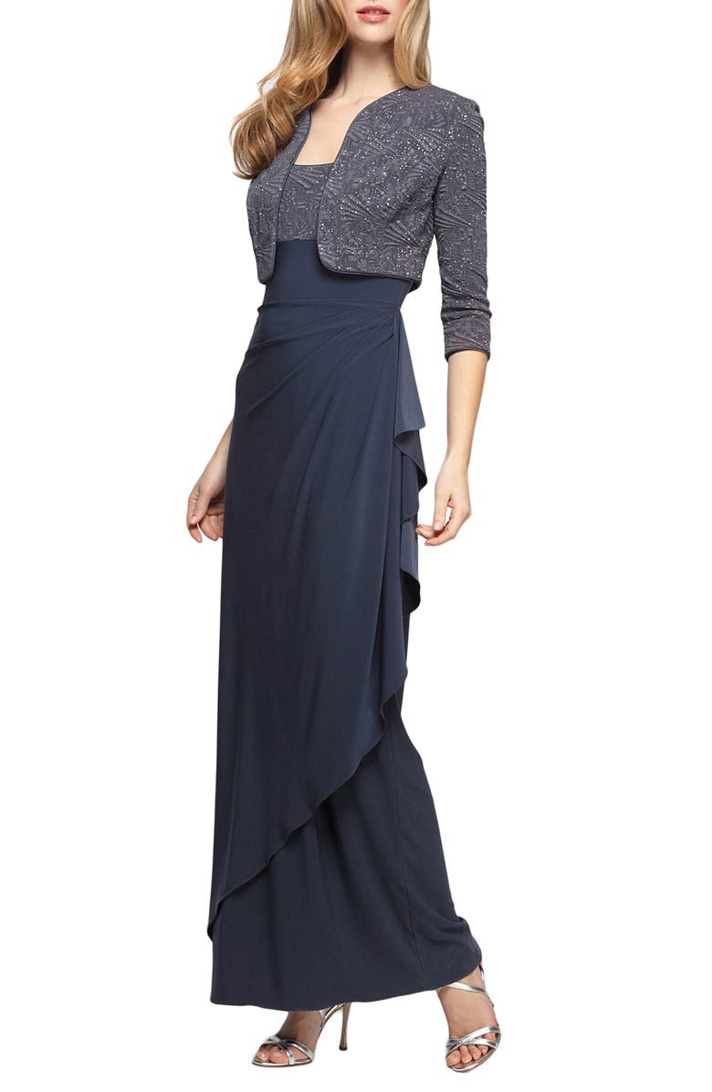 Alex Evenings Draped Column Gown with Bolero Jacket, Main, color,