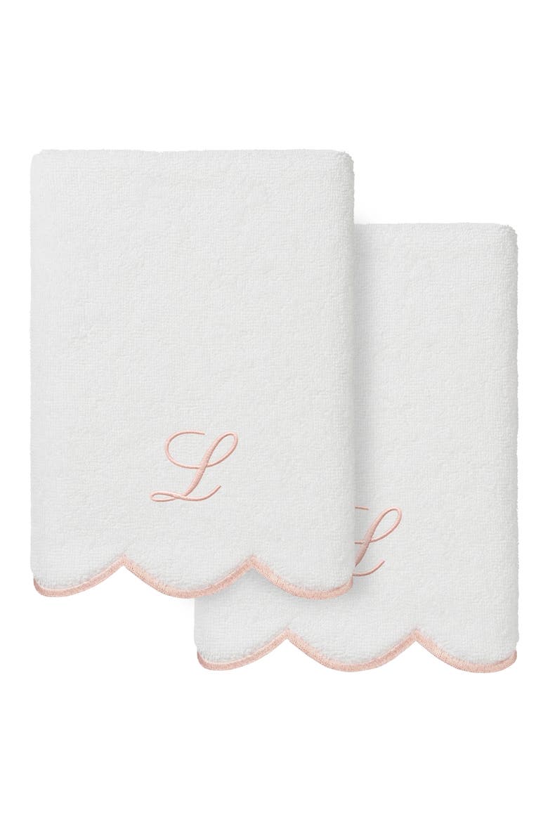 Adornia Scallop Set of 2 Monogram Hand Towels, Main, color, WHITE/ PINK L