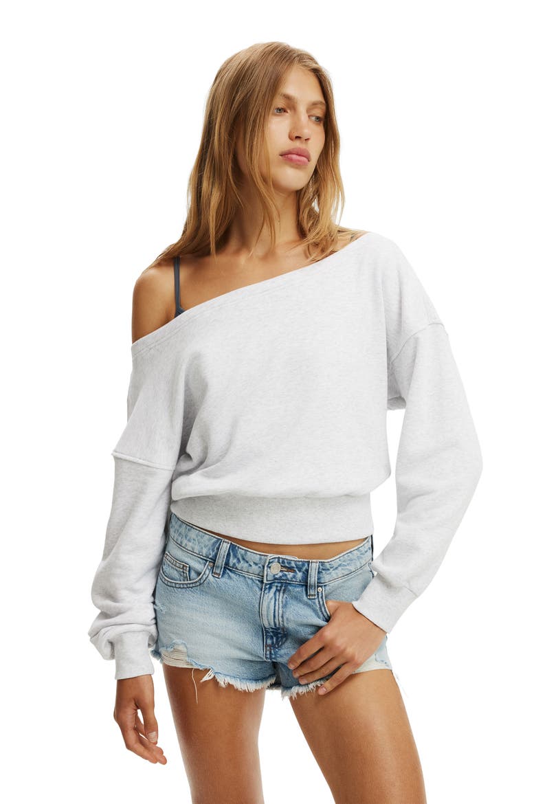 Women's Relaxed Off Shoulder Sweatshirt, Main, color, Light Grey Marle