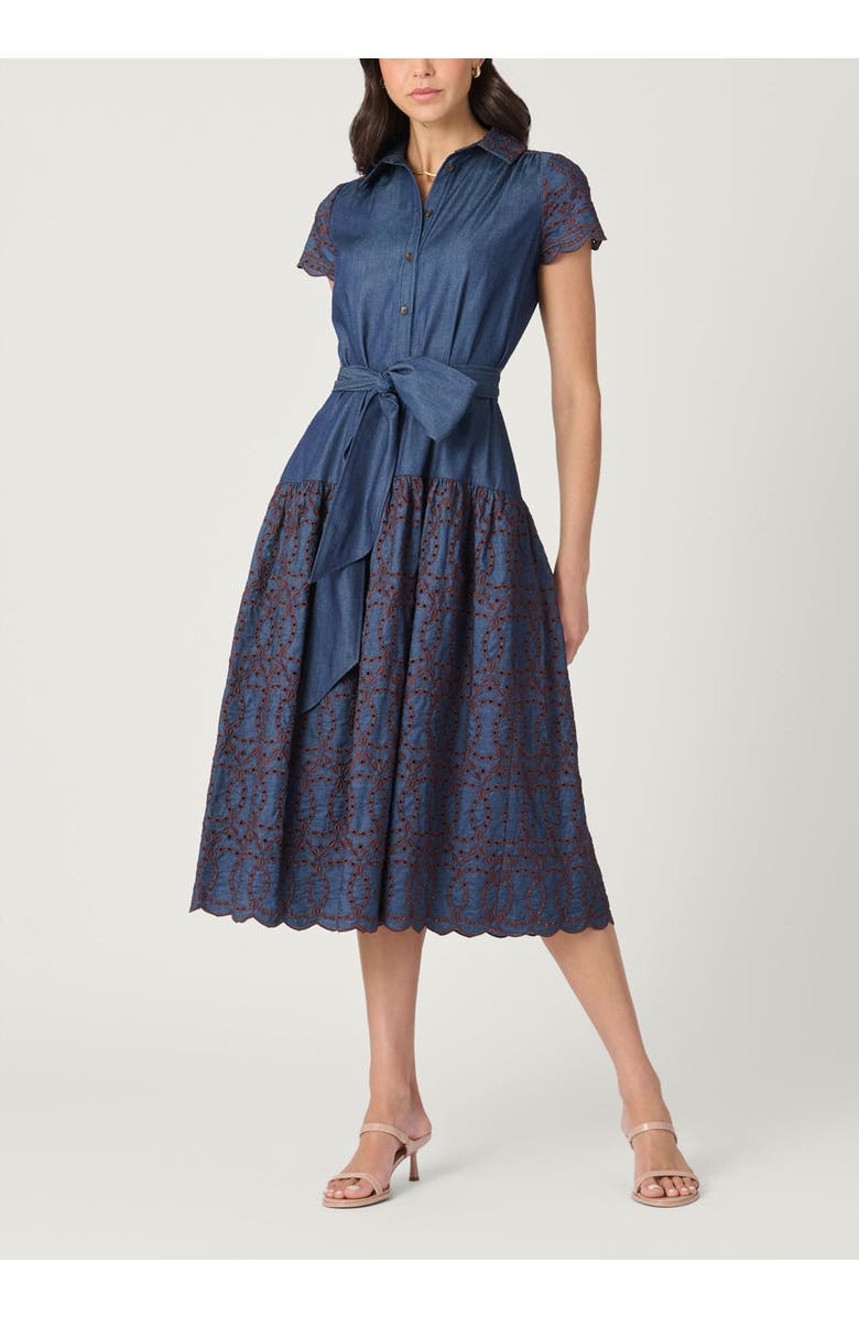 Shoshanna Sofia Embroidered Denim Chambray Dress, Main, color, Denim/Espresso