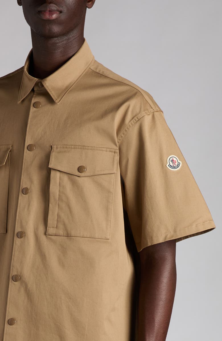 Moncler Short Sleeve Cotton Stretch Gabardine Utility Shirt, Alternate, color, Caramel