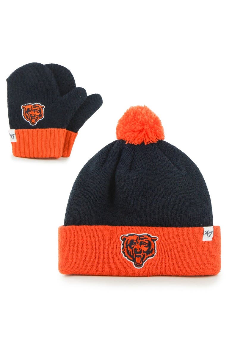 '47 Toddler '47 Navy/Orange Chicago Bears Bam Bam Cuffed Knit Hat with Pom and Mittens Set, Main, color, Navy
