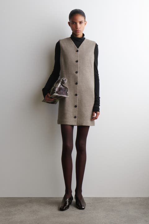 Merino Wool Buttoned Shift Mini Dress