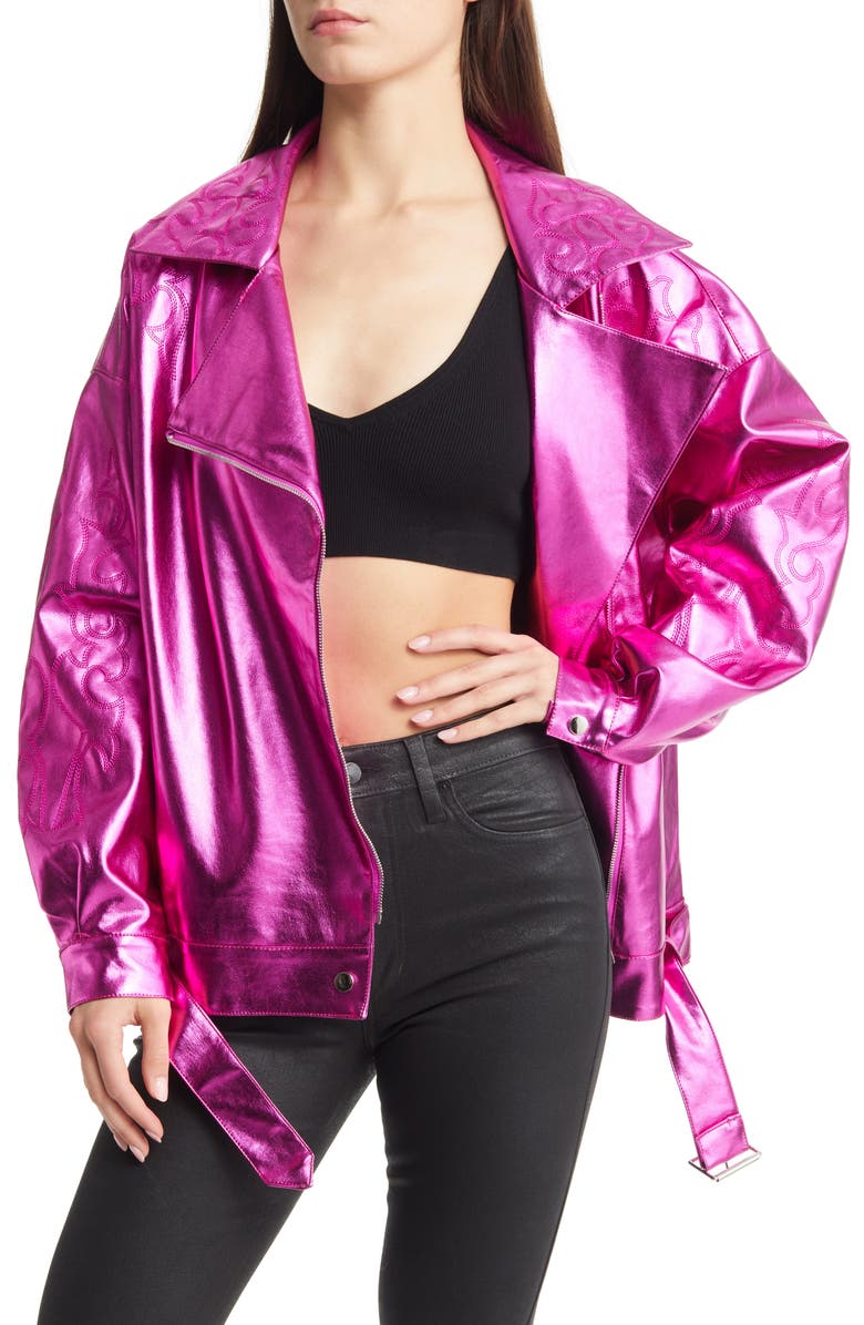 AZALEA WANG Metallic Faux Leather Moto Jacket, Main, color, Fuchsia