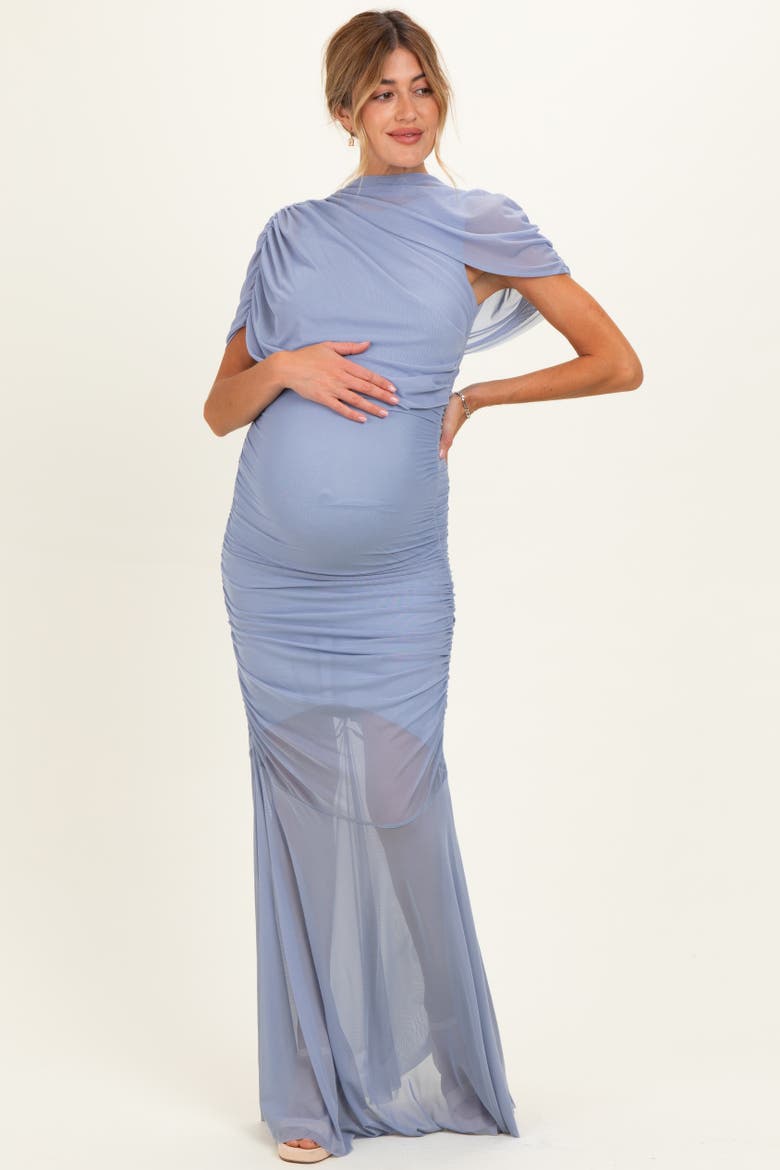Draped Bodice Ruched Mesh Maxi Dress, Alternate, color, Blue