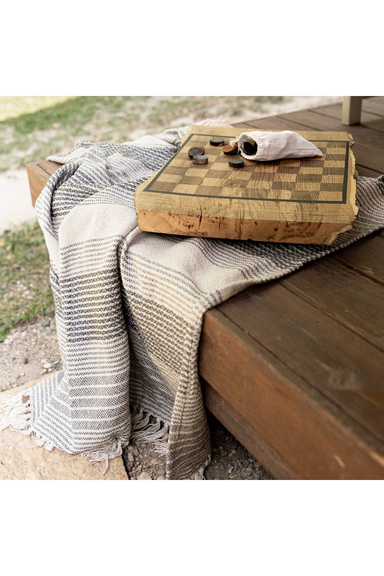 Hand Woven Striped Outdoor Picnic Blanket Gray Polyester, Alternate, color, Gray