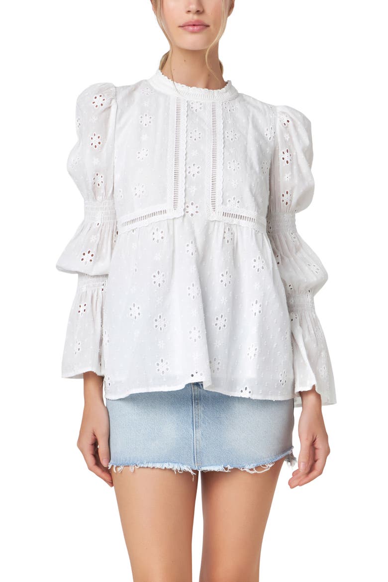 Eyelet Long Sleeve Cotton Top, Alternate, color, WHITE
