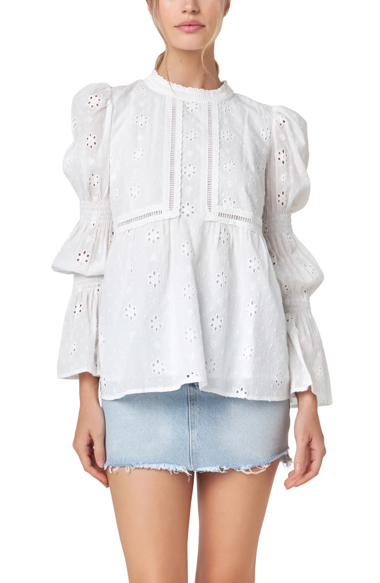 English Factory Eyelet Long Sleeve Cotton Top, Alternate, color, White