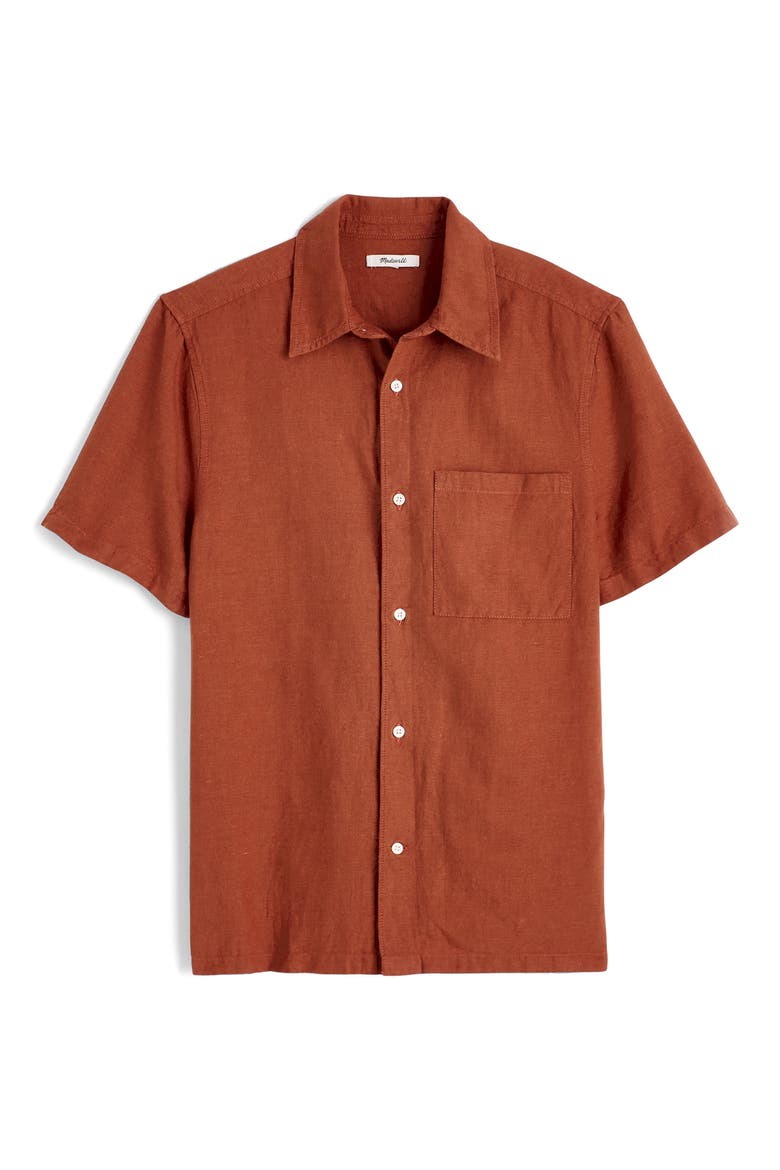 Short Sleeve Linen & Cotton Button-Up Shirt, Alternate, color, TERRACOTTA