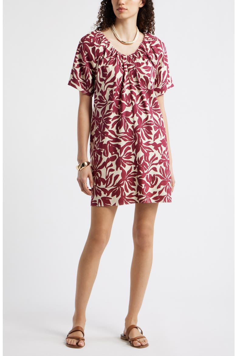 Shirred Linen Blend Minidress, Main, color, BEIGE- BURGUNDY FIRA BLOOM