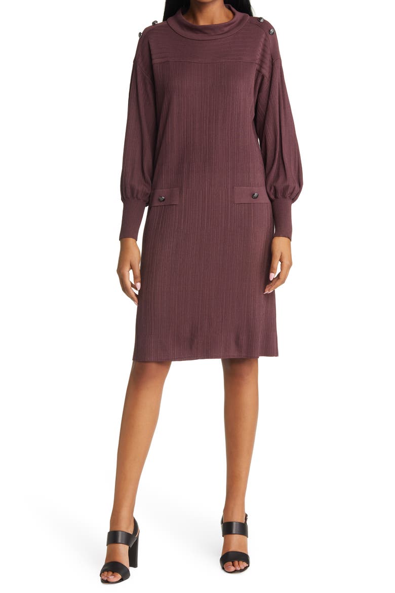 Rib Balloon Long Sleeve Knit Dress, Main, color, AUBURN BROWN