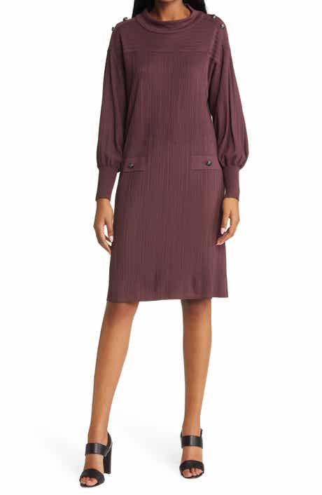 Ming Wang Rib Balloon Long Sleeve Knit Dress