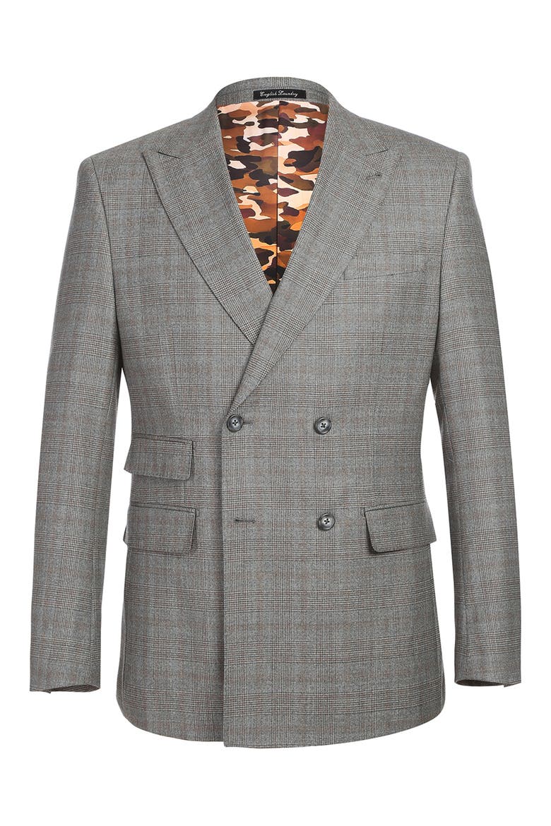 Plaid Double Breasted Wool Blend Suit, Alternate, color, GREY/BROWN PLAID