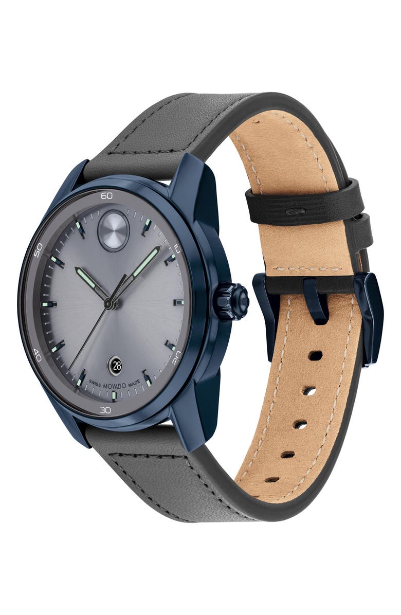Movado Bold Verso Leather Strap Watch, 42mm, Alternate, color, Gray