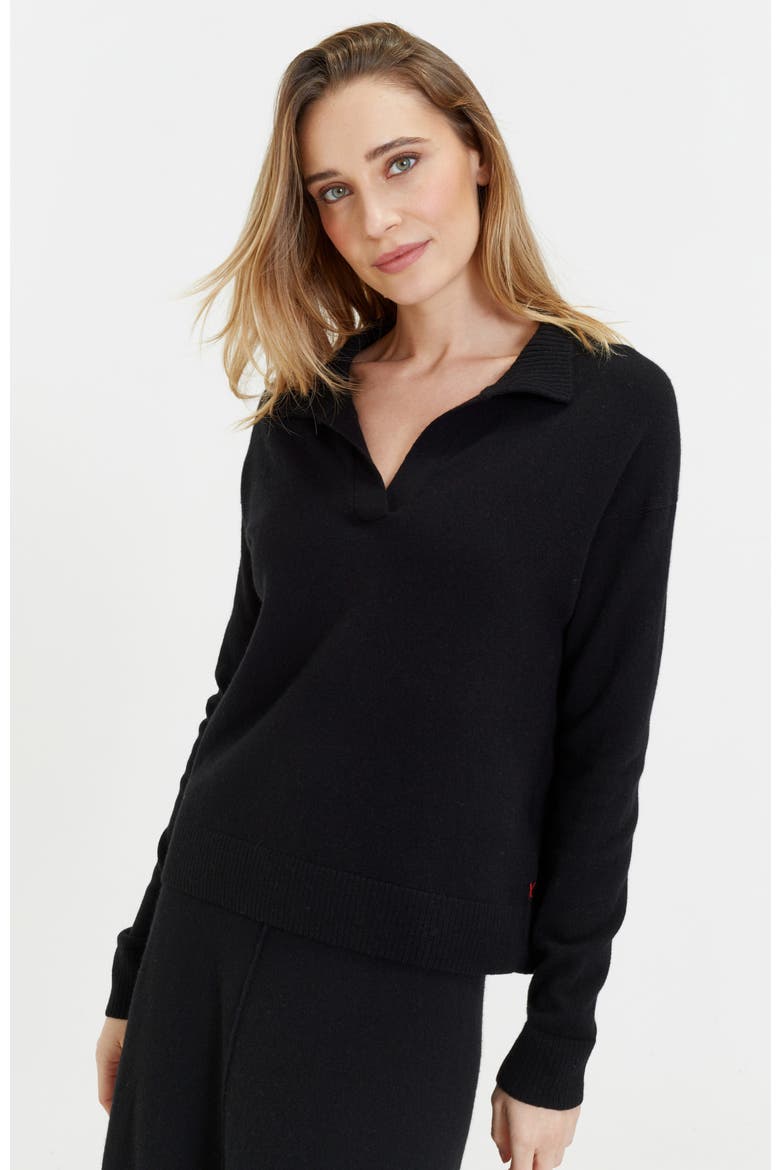 Wool Cashmere Blend V Neck Collared Sweater, Main, color, Black