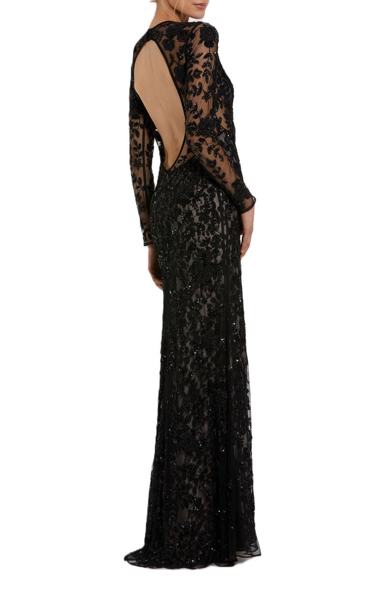 Mac Duggal Long Sleeve Floral Embellished Gown, Alternate, color, Black Nude