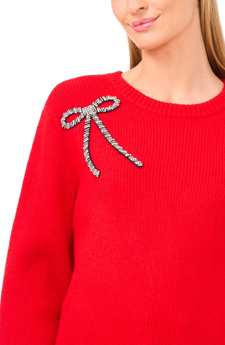 CeCe Embellished Bow Sweater, Alternate, color, Bright Cherry