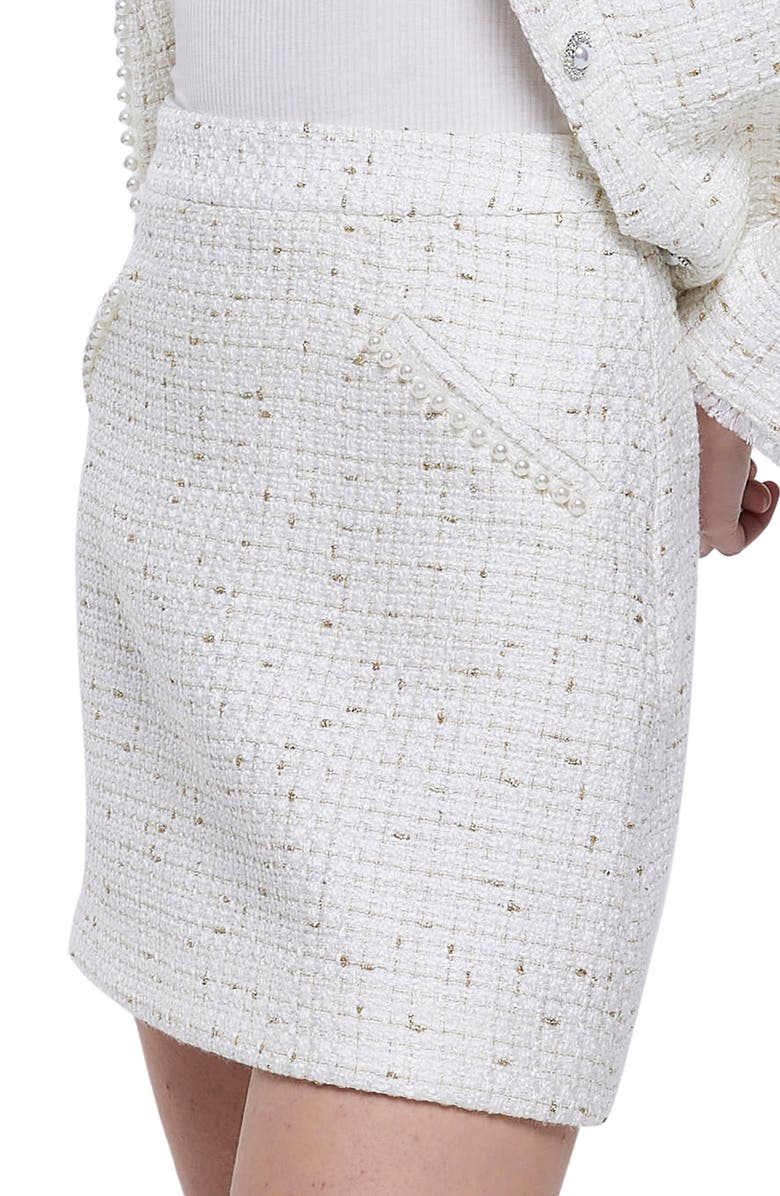 River Island Imitation Pearl Trim Metallic Tweed Skirt, Alternate, color, Cream