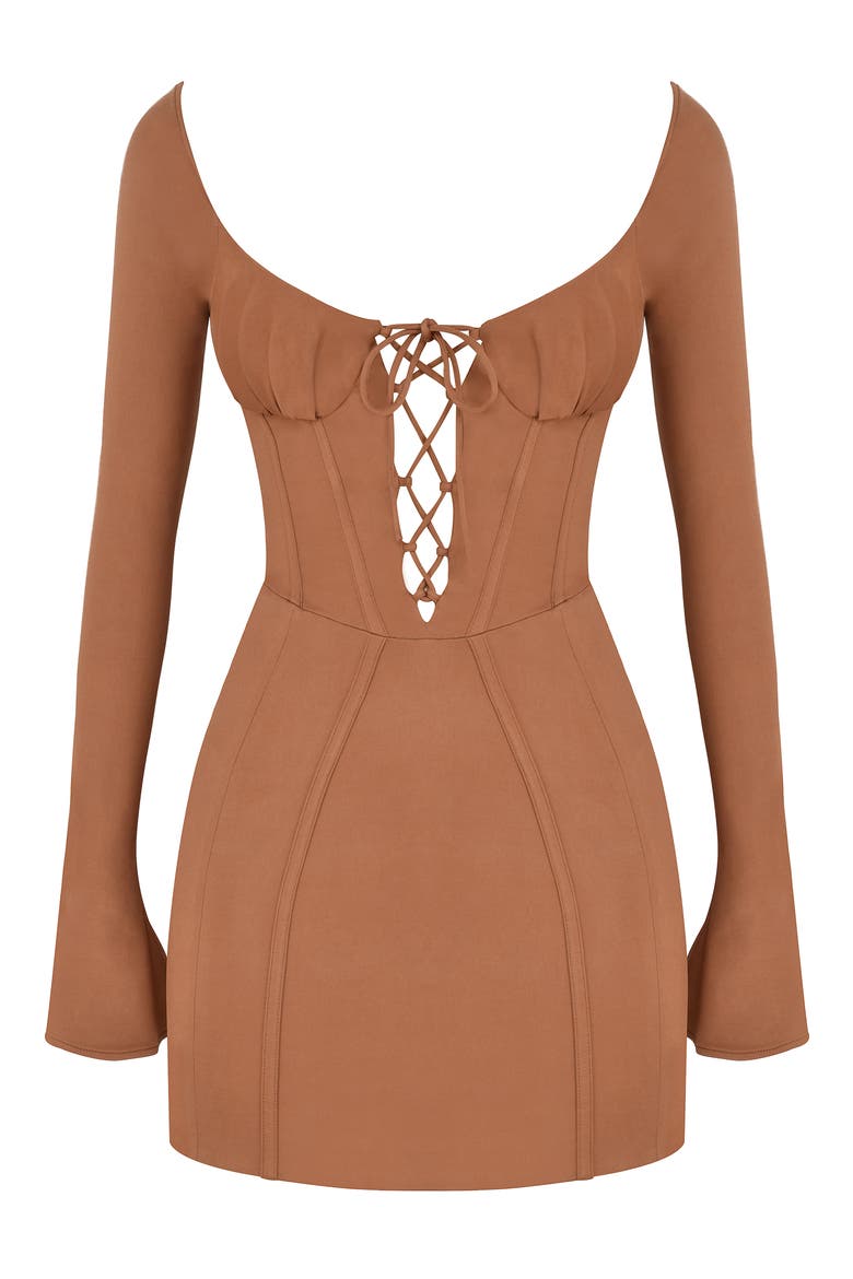 Flared Long Sleeve Corset Minidress, Main, color, WALNUT