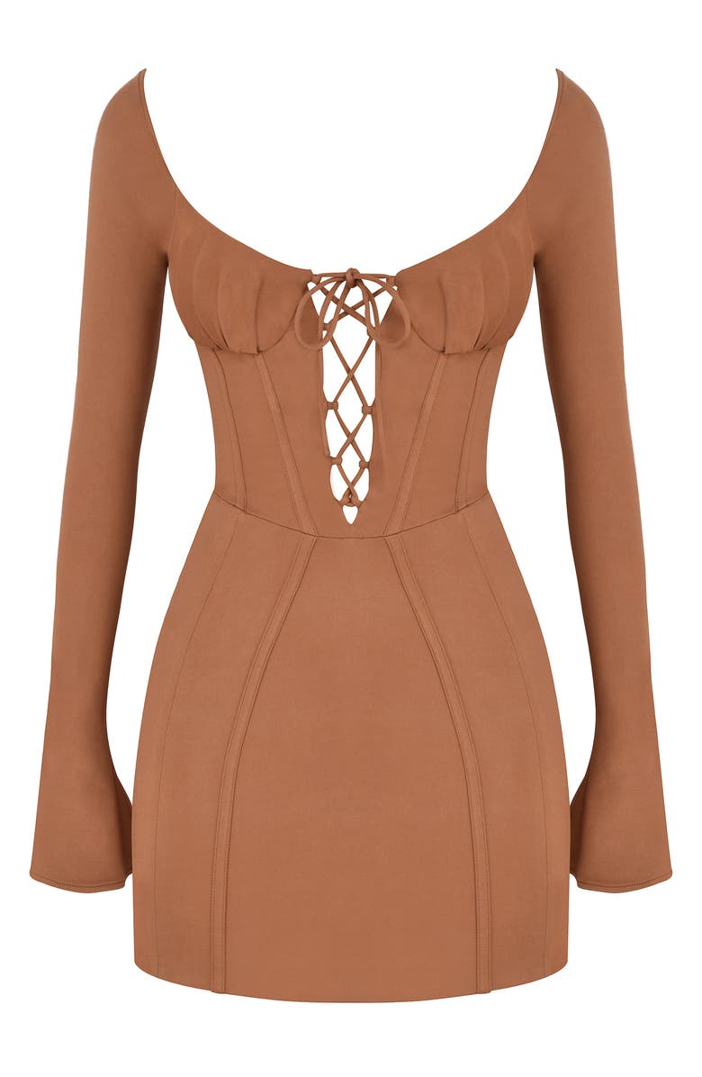 Mistress Rocks Flared Long Sleeve Corset Minidress, Main, color, Walnut