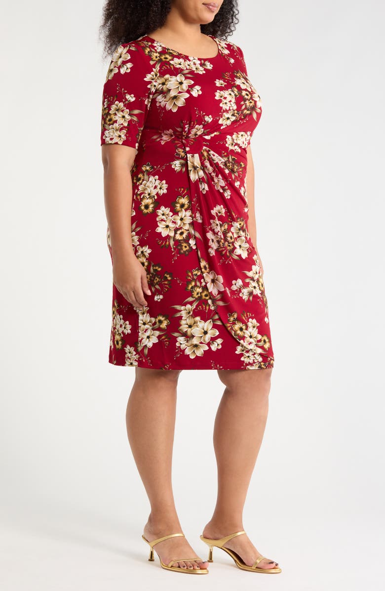 Connected Apparel Floral Side Ruched Faux Wrap Dress, Alternate, color, Crimson